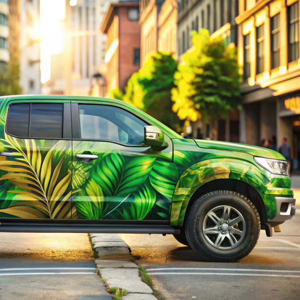 A truck wrap featuring jungle leaves in bright green